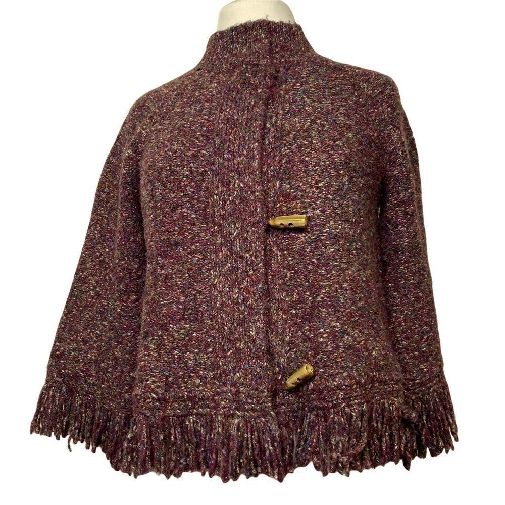Ruby Road Fringed Wine Tweed Cropped Sweater Sz PXL Toggle Buttons Ultra Soft